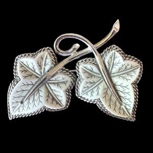 Vintage Boucher Double Leaf Gray Veined Brooch Pin Thermoset Rodium Plated 1950s